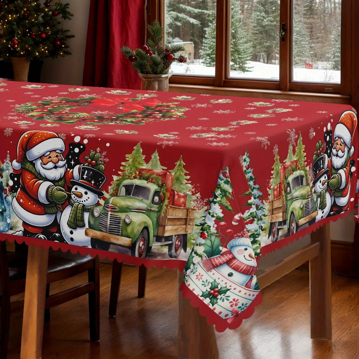 1 piece, Christmas themed tablecloth, Santa Claus Christmas tree, snowman Christmas safflower pattern print