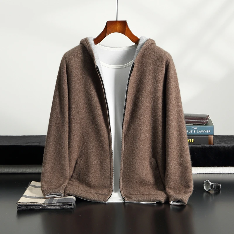 DjzDsm High end men's autumn and winter 100% cashmere knitted cardigan double-sided outerwear hooded plus size cardigan clothing