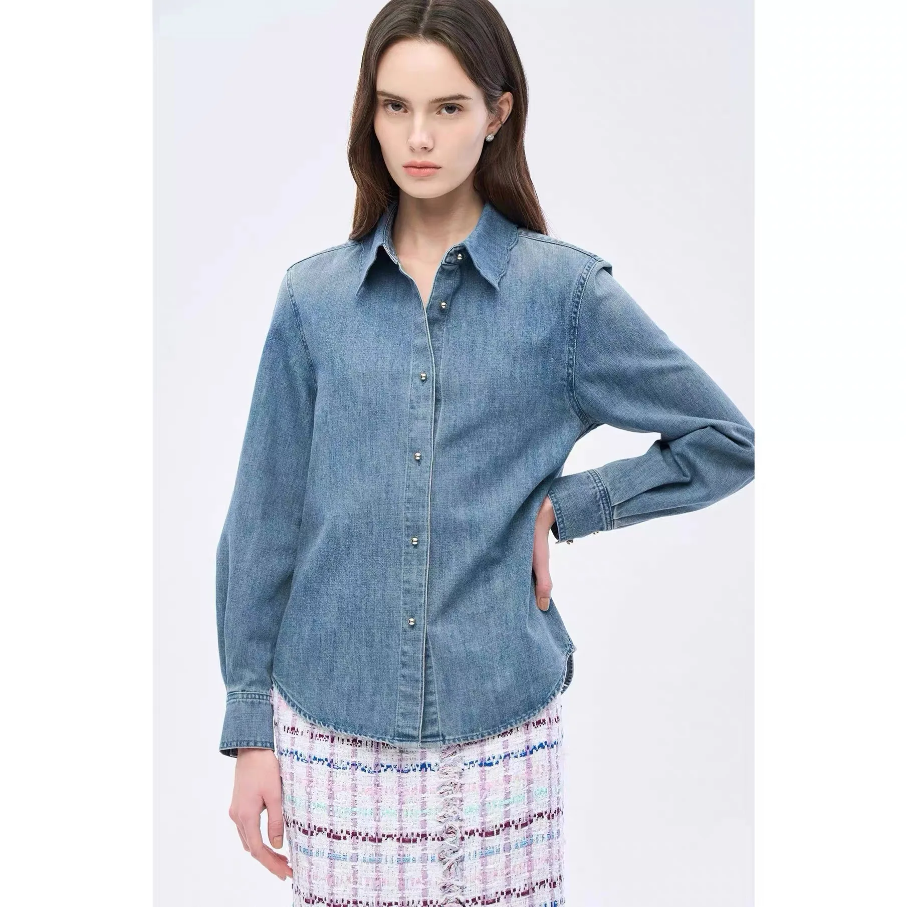 

Lemon Cheese OBZ26 Spring Casual Wave Collar Commute Versatile Denim Open Cardigan Shirt Jacket Women's Fashion