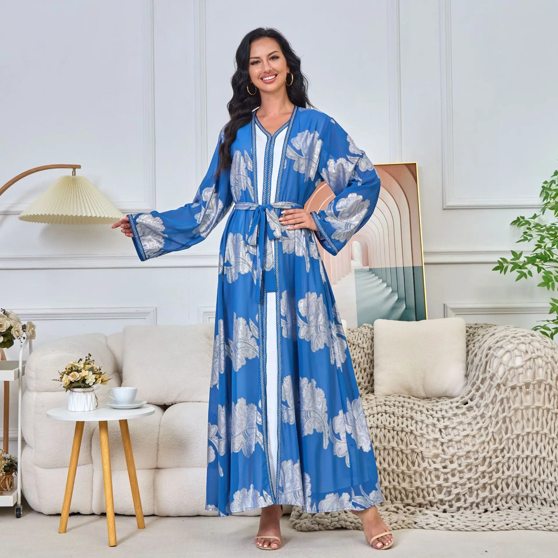 Roupas árabes abaya com decote em v manga comprida vestido bronzeador de duas peças 2025 outono e inverno nova moda roupas femininas