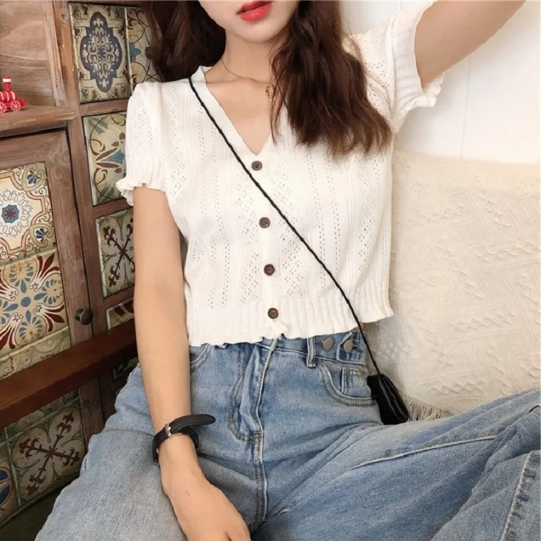 Woman's Tshirts spring/summer knit short sleeve v-neck buttons solid color cheap sale Ladies Tops t-shirt dropshipping LYY826