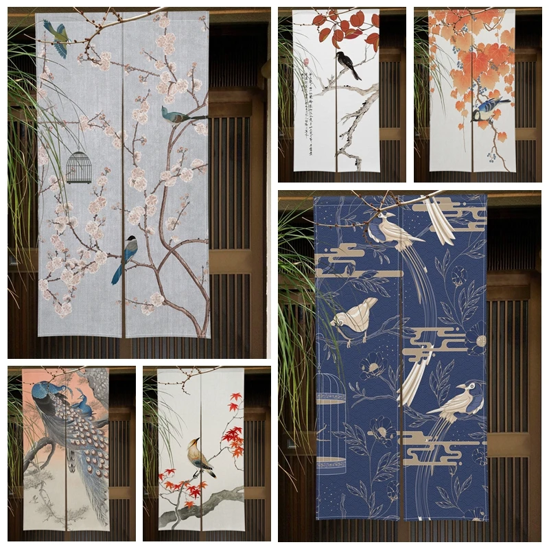 Chinese Traditional Flower Birds Door Curtain Japanese Noren Doorway Curtains Ink Painting Print For Kitchen Partition Curtain