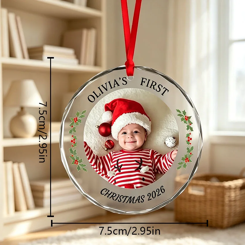 Personalized Custom Photo Round Crystal Ornaments, Customizable Picture Christmas Decorations, Holiday Party Decoration Pendants. Not Only a Striking Home Holiday Decoration, but Also a Perfect Holiday Gift or Party Favor to Give to Friends and Family, Preserving Beautiful Memories.