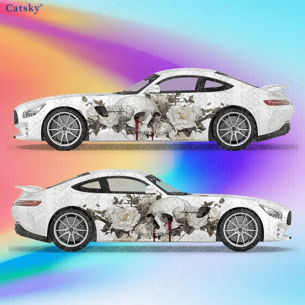 2pcs.Tear-Stained Blood, Withered Bones & Flower Clusters Car Side Decals | Self-Adhesive PVC Waterproof & Scratch-Resist