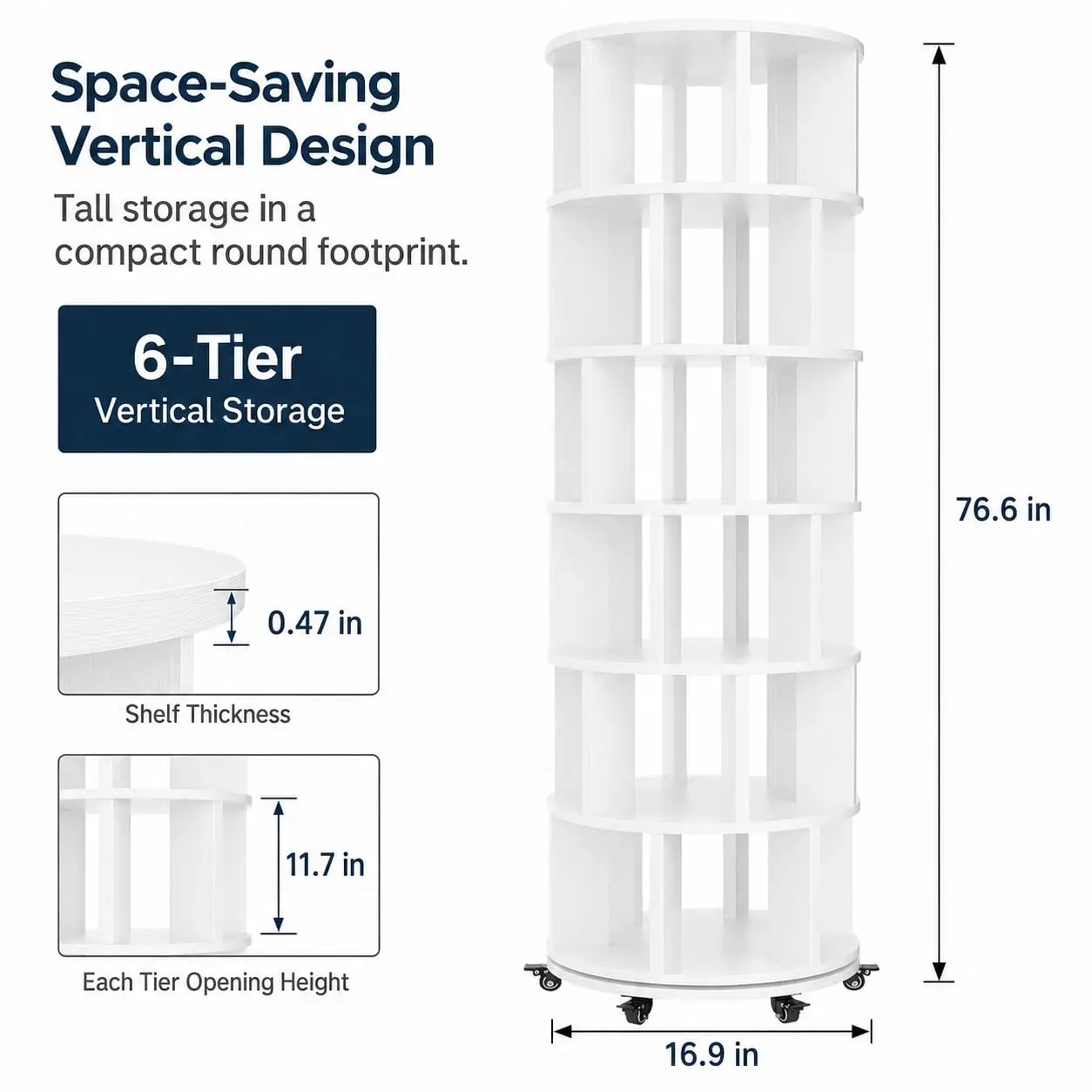 6 Tier Rotating Bookshelf Tower, Solid Wood 360° Spinning Storage on Wheels, Round Revolving Organizer, Rolling Shelving for Sma