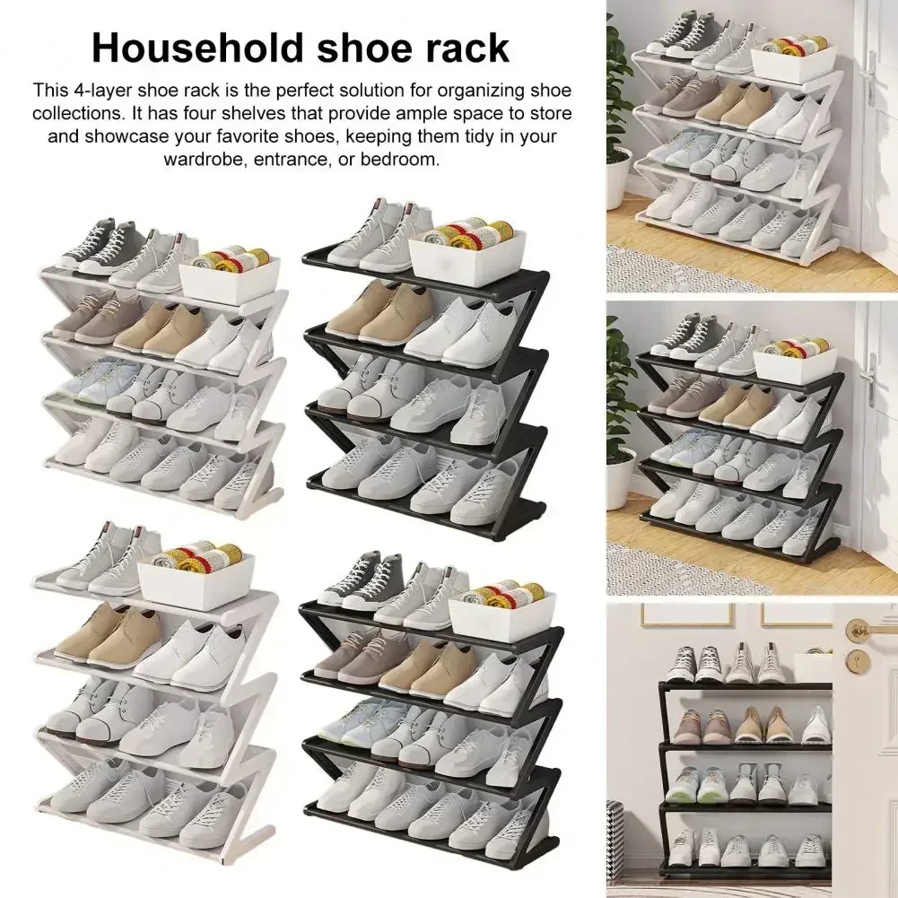 4 Tiers Stable Shoe Storage Rack Easy Installation Shoe Shelf Free Standing Large Capacity Z-shaped Home Entryway Shoe Organizer