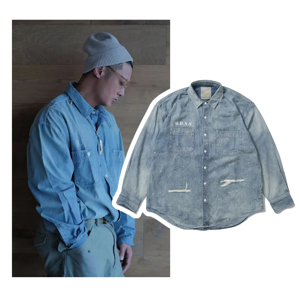 

MADN Japanese Sle Long Sve Denim irt Jaet Worn on Top Retro irt Cotton Pure Loose Fit Daily Wear Youth M