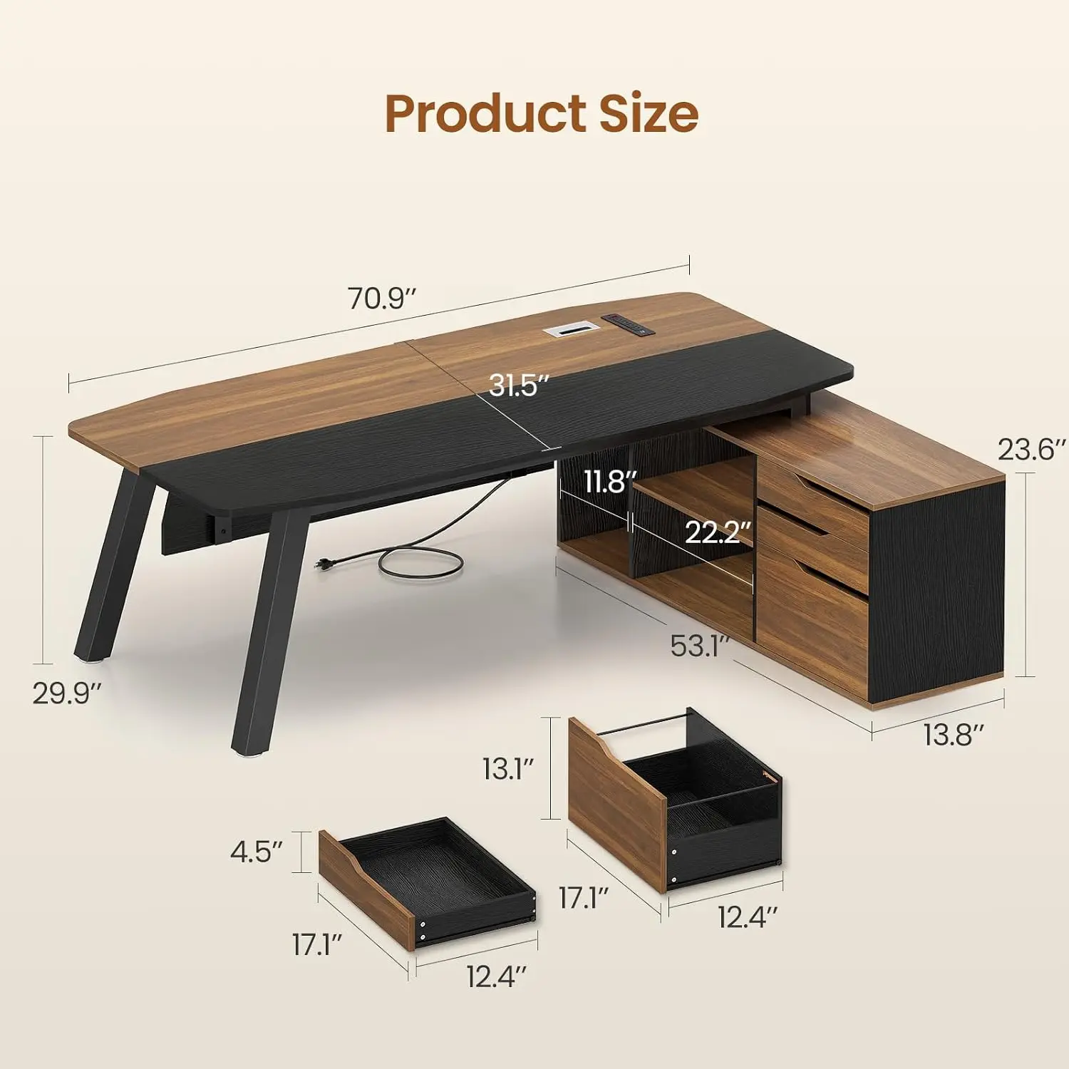 L Shaped Executive Desk With File Cabinet & Power Outlet, 71 Inch Office Computer Workstation, Customized