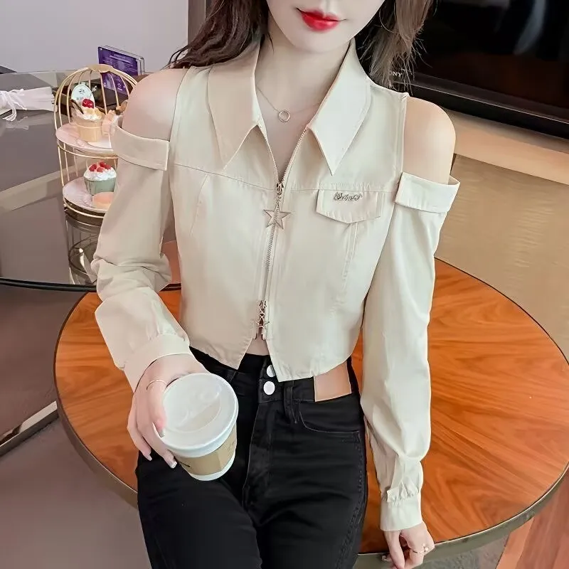

French Off-the-shoulder Short Shirt 2025 Spring Autumn Women Elegant Blouse Femae Longsleeve Midriff Top Office Lady Base Shirt