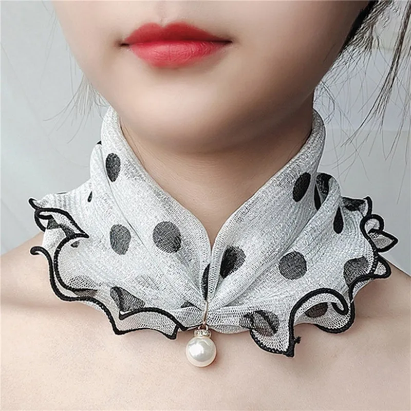 Fashion Lace Variety Scarf Necklace Creative Fake Pearl Pendant Scarf Chiffon Loop Scarf For Women Clothing Accessories