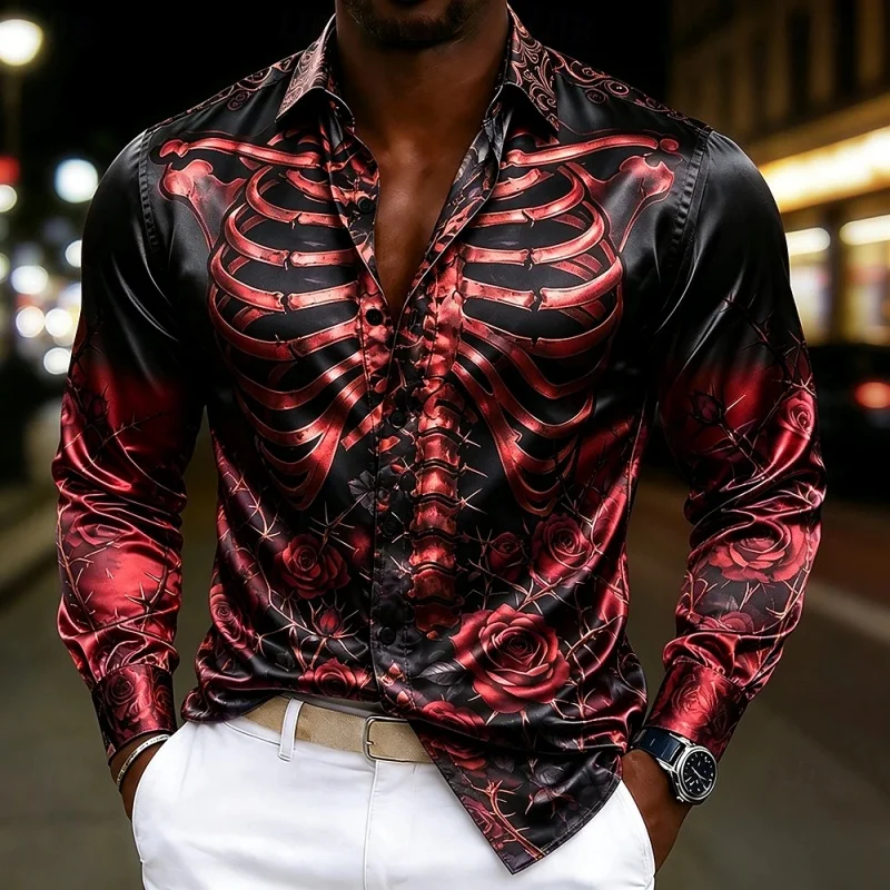 2026 new men's shirt personalized skeleton rose skeleton print trendy party casual lapel men's comfortable fabric XS-6XL