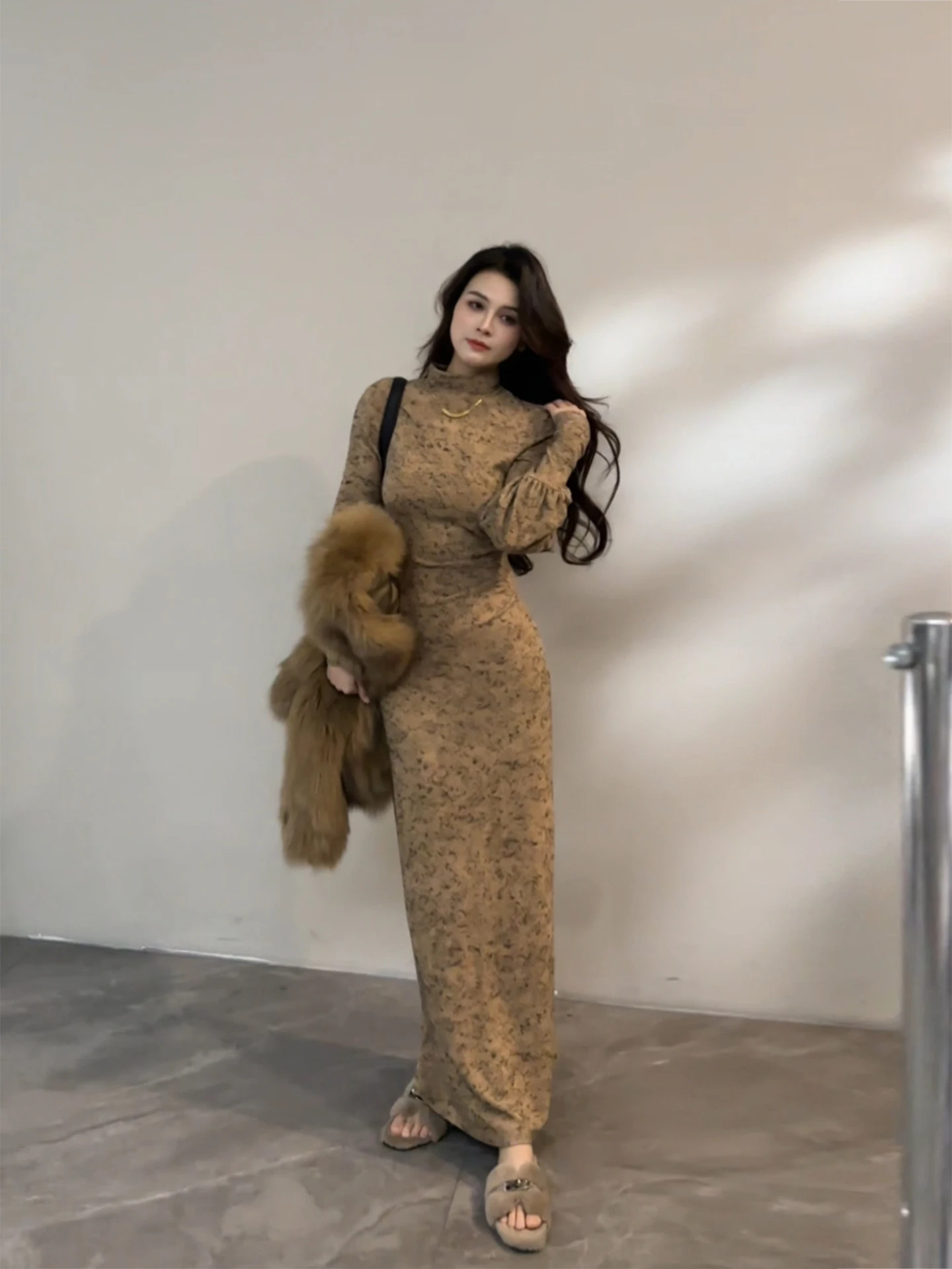 

Ele Long Floral Print Lantern Sve Midi Dr Slim Fit High Collar Autumn Winter Faionable Women's Dr DT882