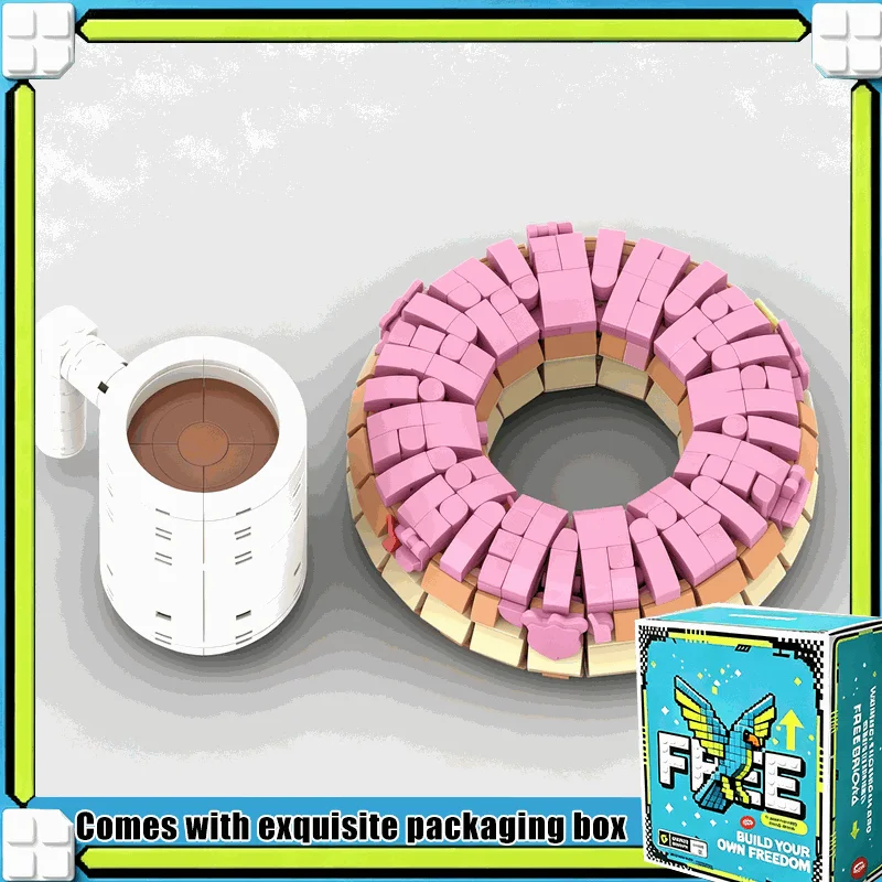 940PCS Pink Sprinkle Donut And Coffee Cup Model Building Blocks Custom MOC Dessert Food Display Creative Assembly Toy Gift
