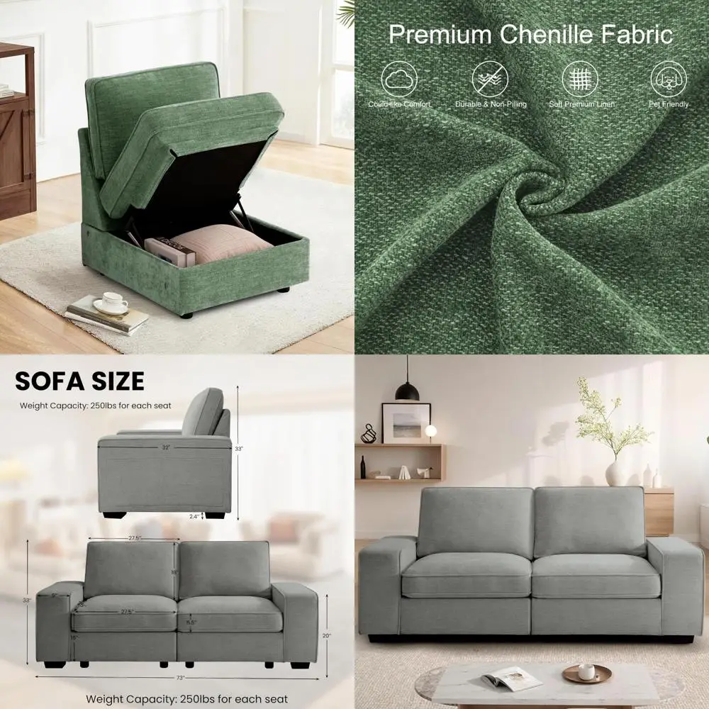 Modular Green Storage-Enabled Middle Seat Sofa Couch for Versatile Living Spaces