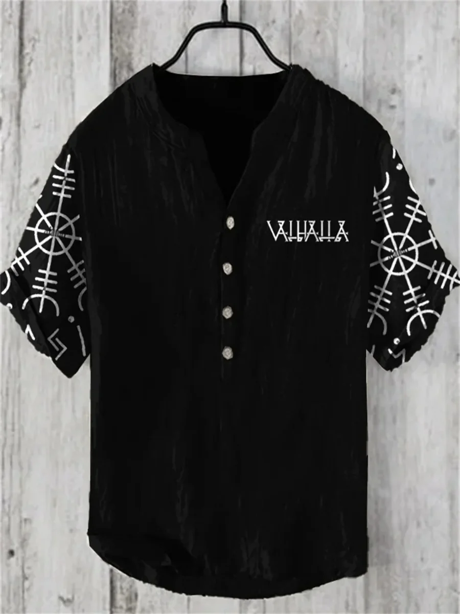 Summer 2025 New Art Print Pattern Men's Linen Shirt V-Neck Short Sleeve Comfortable Vintage Shirt