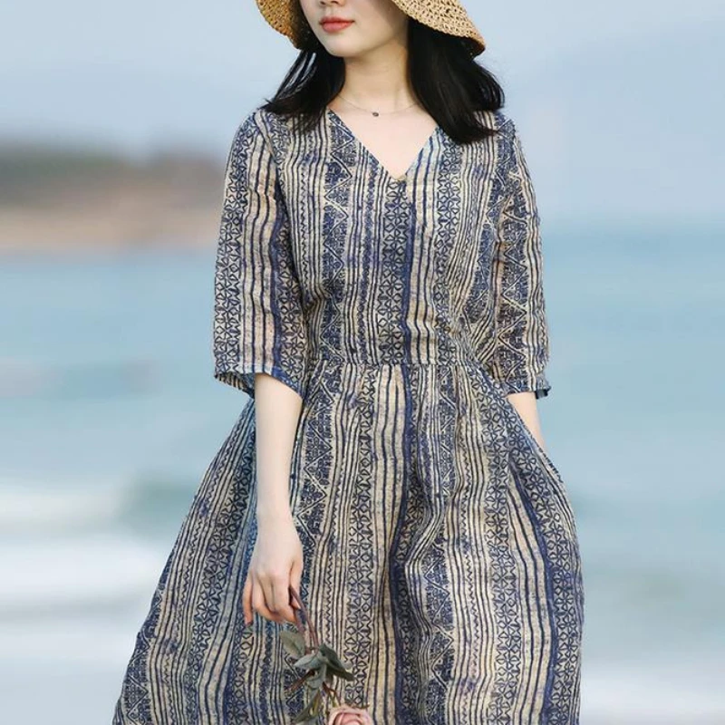 فستان من القطن والكتان، تنورة طويلة مخططة بتصميم عتيق، فستان نسائي لربيع وصيف 2025