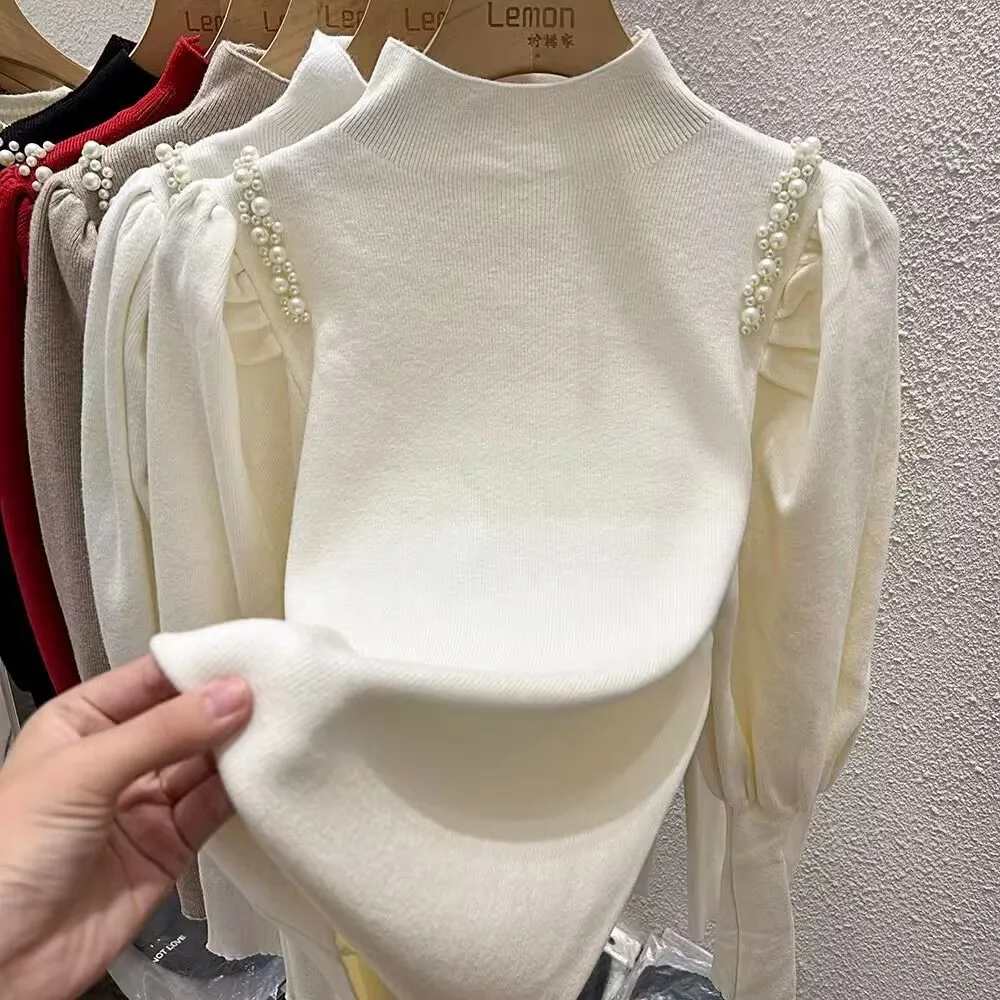 Perlen Puff Sleeve Stricken Pullover Neue Frauen Herbst Winter Mock Neck Basis Shirt Femme Alle-spiel Warme Pullover Koreanische tops 2024