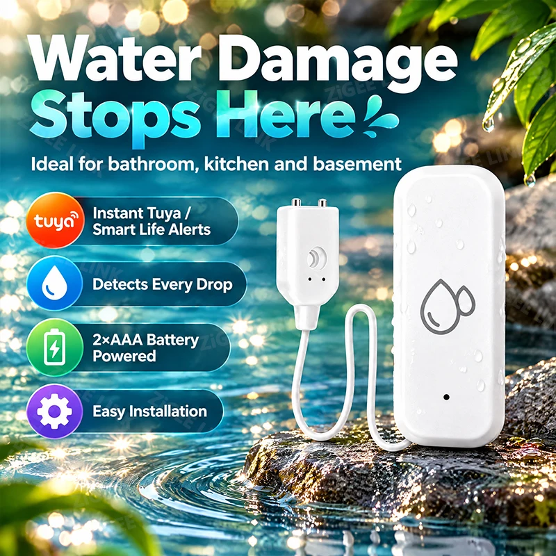 Zigbee3.0 Wireless Water Leak Sensor Leakage Alarm with External Probe Cable for Home Kitchen Bathroom Sink Use Gateway Required
