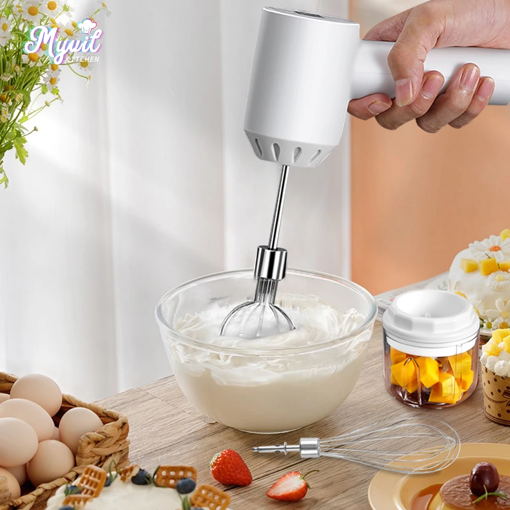 

Electric Food Chopper 2 In 1 Mini Hand Mixer Whisk Egg Beater 3-Speed Control Kitchen Blender USB Wireless Garlic Food Masher