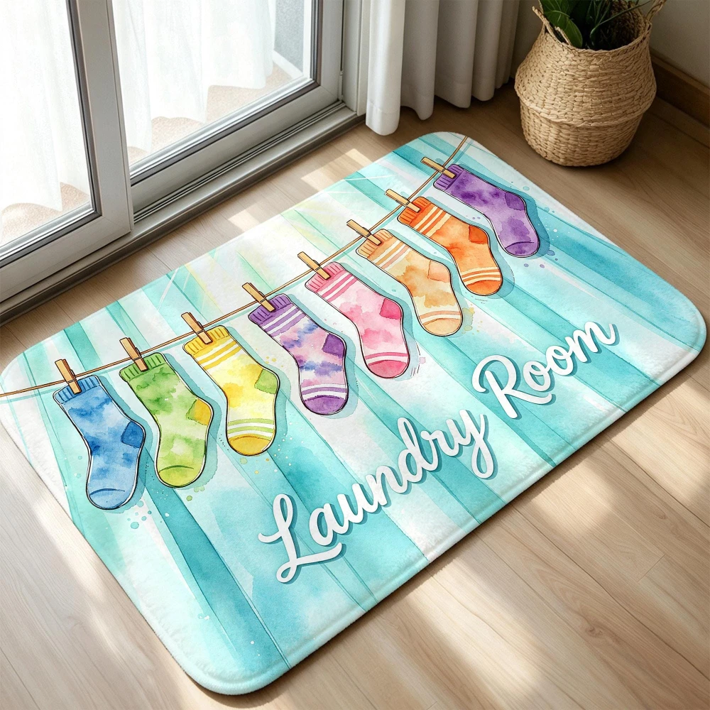 Laundry Room Floor Mat Watercolor Socks Area Rug Hanging Clothes Welcome Rug Doormat Kitchen Porch Entryway Decor
