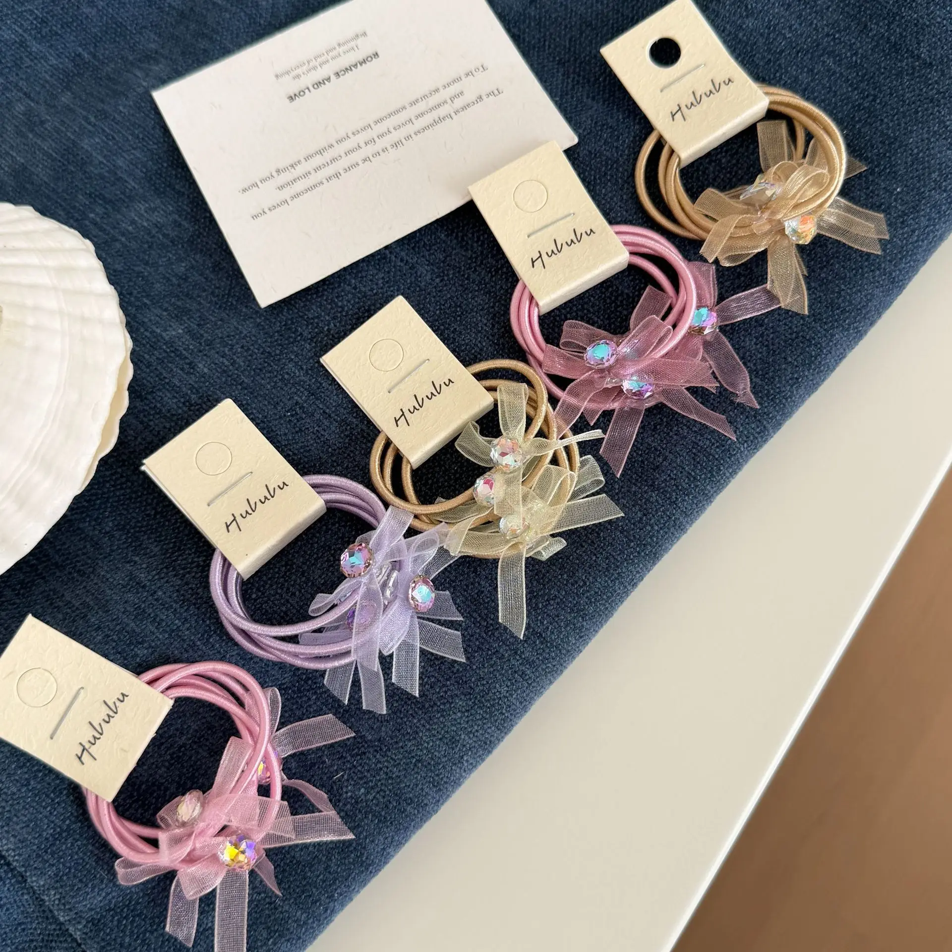 Hair Tie 4 Pcs Crystal Bow Ribbon Elastic Band Premium Stylish Comfortable Sweet for Women Party Office Daily Multicolor