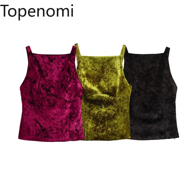 Topenomi Chic Bow Velvet Tank Top Women French Vintage Backless Design Tight Vest 2025 New Sexy Sleeveless Club Short Strap Tops