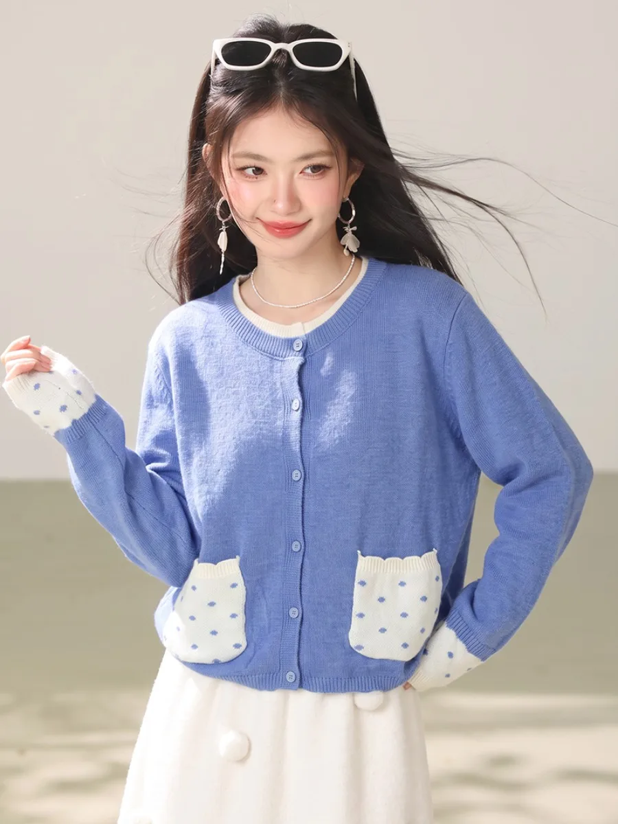 Blue Polka Dot Knitted Open Cardigan Chic Unique Women's Fashion Soft Long Sleeve round Neck Pullover Breathable Daily Wear