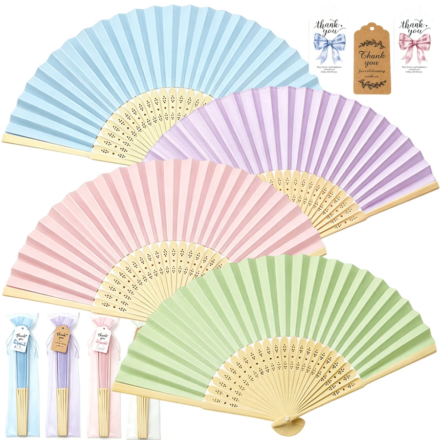 1Set Folding Paper Hand Fans, 8.27 Inch Bamboo Handheld Fan with Organza Gift Bags and Thank You Tags Wedding Favors Party Gifts