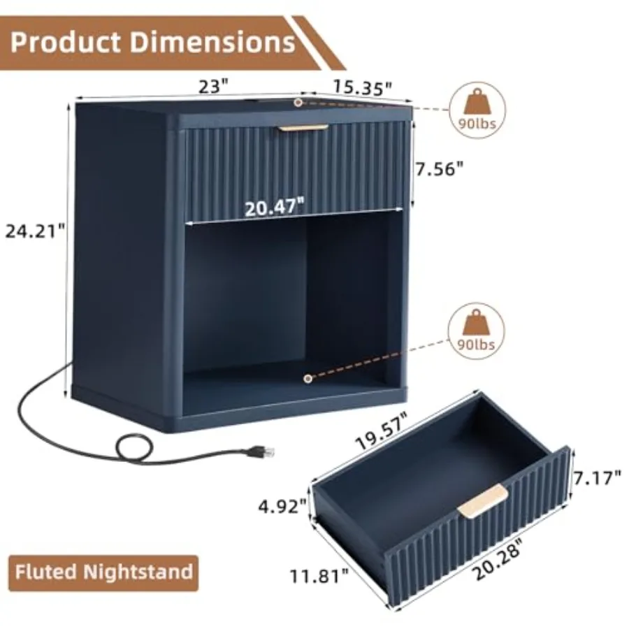مجموعة منضدة المزرعة المخددة مكونة من 2 مع محطة شحن 23 درجًا واسعًا وطاولة نهاية خزانة زرقاء لغرفة النوم وطاولة جانبية للسرير