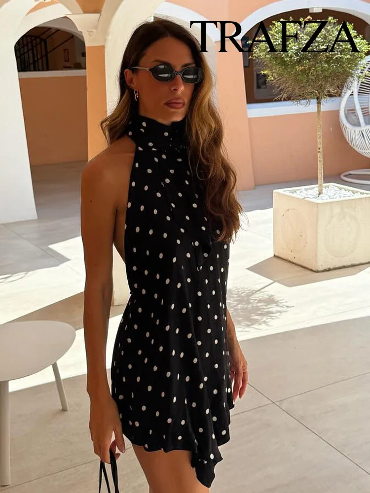 

HH 2025 женские сексуальные тонкие топы без рукавов, черные топы в горошек на шнуровке, женские летние новые модные топы с открытой спиной