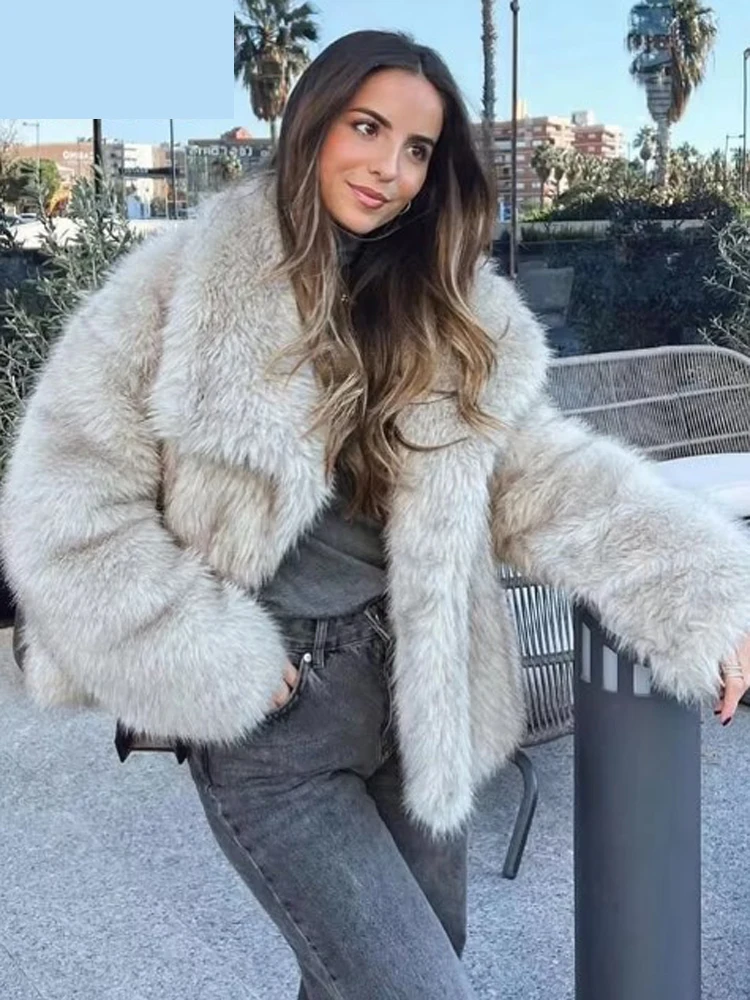 Women Fashion Faux Fur Solid Lapel Warm Jackets Chic Long Sleeve Crop Oversized Warm Coat 2024 New Winter Lady Thick Outerwear