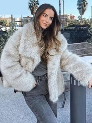 Women Fashion Faux Fur Solid Lapel Short Jackets Chic Long Sleeve Crop Oversized Warm Coat 2024 New Winter Lady Warm Outerwear