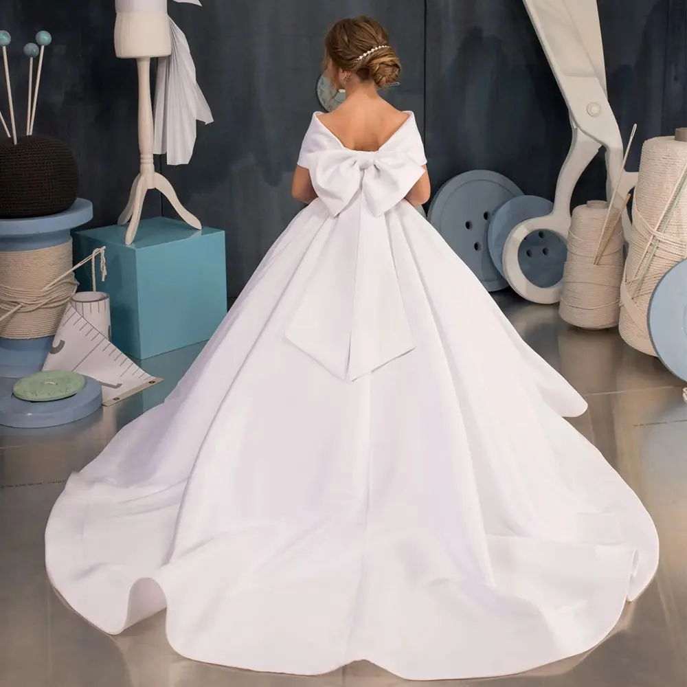 EVLAST Elegant White Satin Flower Girl Dresses Baby Girls for Wedding Party Gown Bow Tie Kids First Communion Dress TFD022