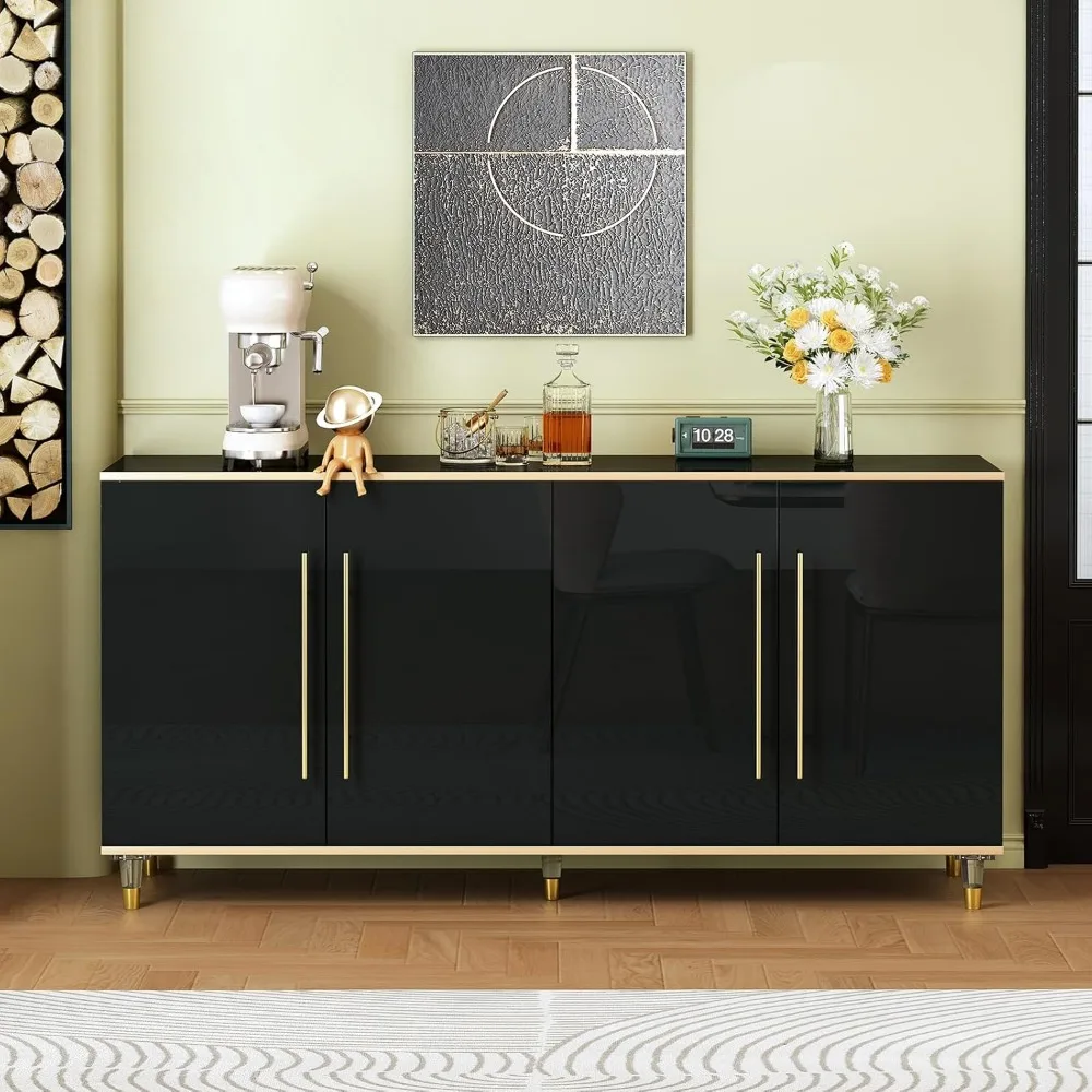 Armário buffet de 63" com armazenamento, armário de bar de café de alto brilho com prateleiras e portas ajustáveis, console de armazenamento moderno