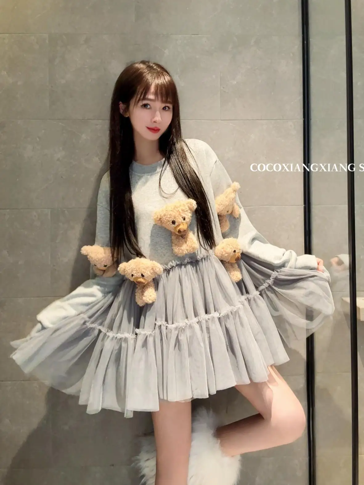 Trendy Brand Bear Doll Heavy Industry Mesh Stitching Tutu Skirt Loose Age Reduction Cute Autumn and Winter Sweater Dress Women