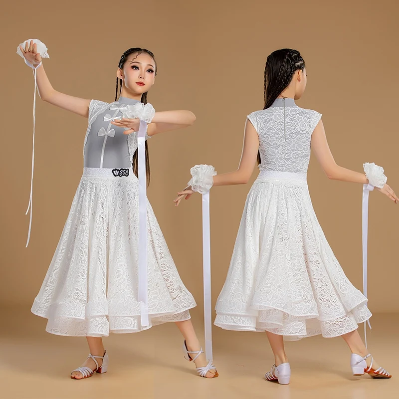 

Girls Ballroom Dance Competition Clothes Lace Sleeveless Bodysuit Big Swing Skirts Modern Dance Performance Stage Dress DN20587