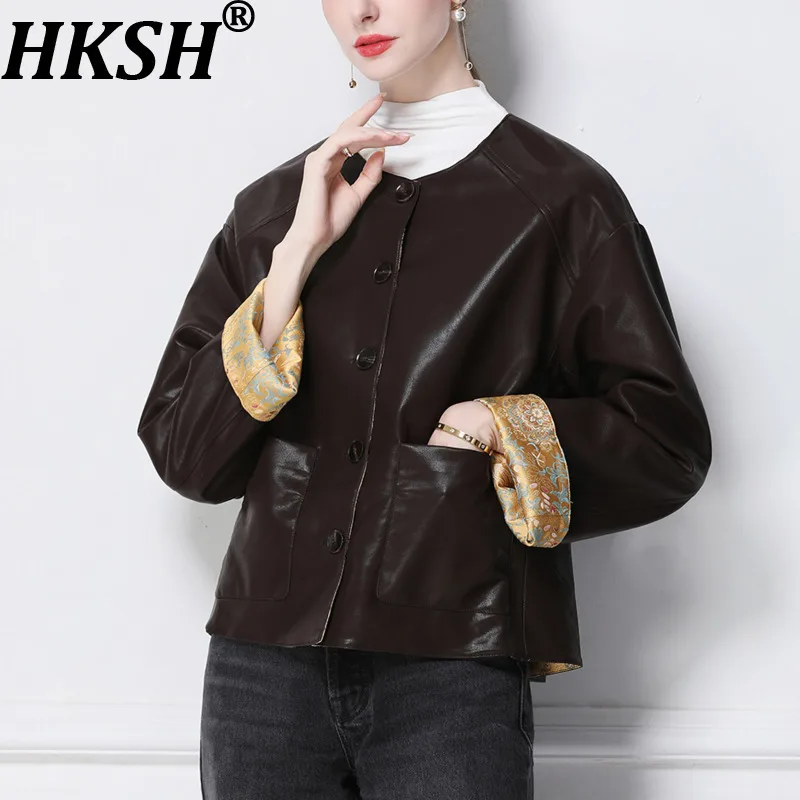 

HKSH Spring Autumn New Women Short Jacket PU Leather O-neck Single Breasted Pockets Versatile Streetwear Reversible Coat HK13452