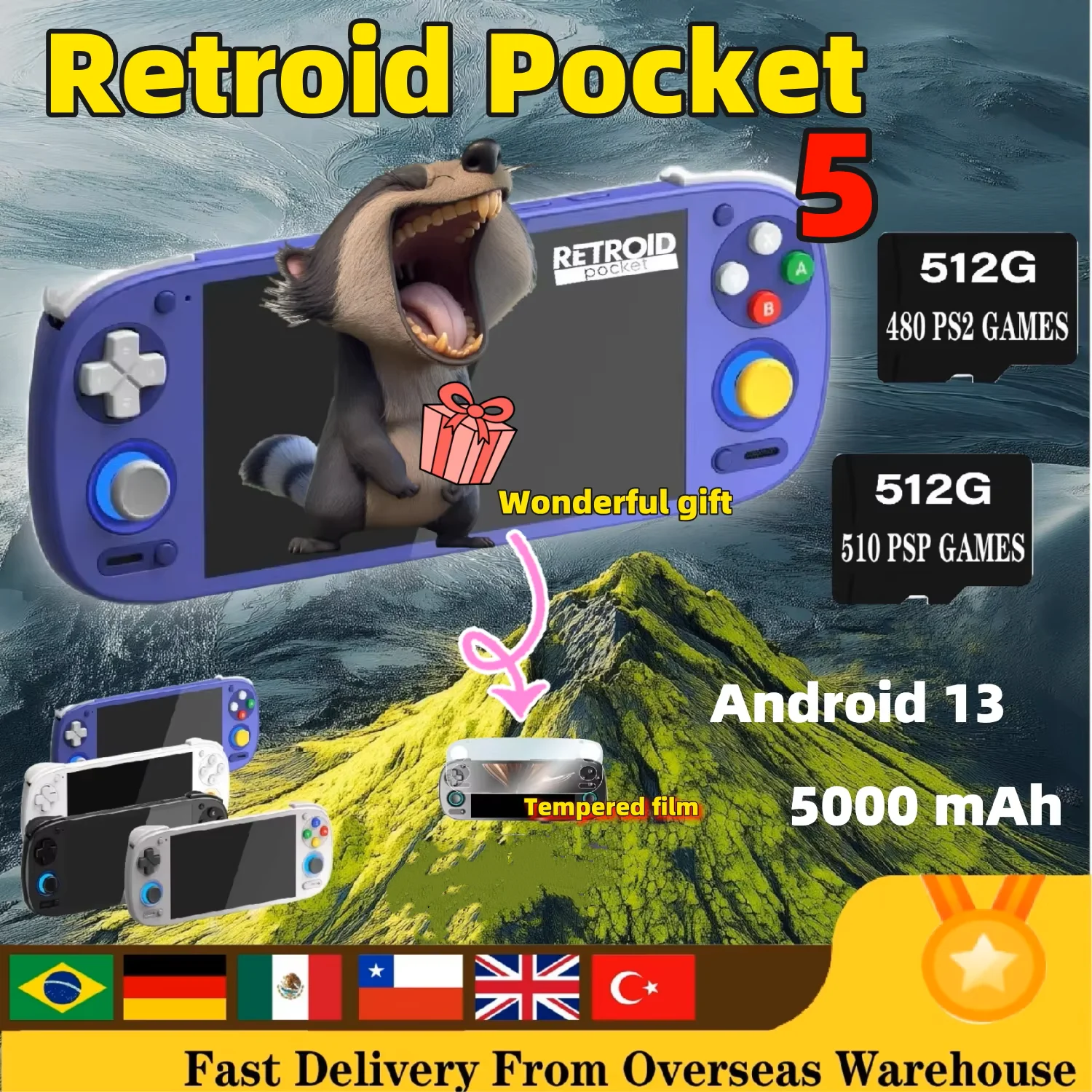 Retroid Pocket 5 Console di gioco portatile Lettore video Retro RP5 Android 13 Touch screen OLED da 5,5 pollici Bluetooth PSP PS2 Regalo per ragazzo