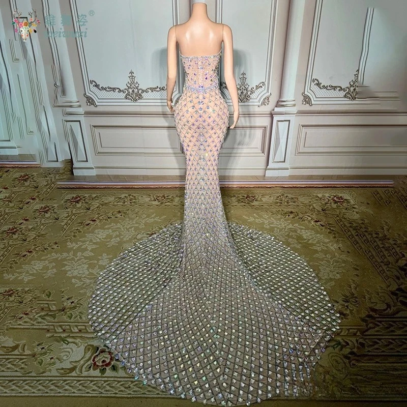 Luxury Bright Crystal Sexy Beaded Rhinestone Transparent Mesh Floor-length Evening Prom Fishtail Dress Noble Wedding Dresses