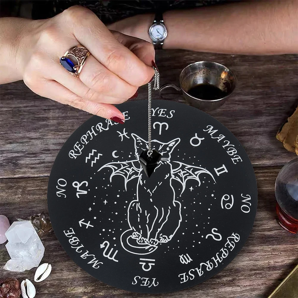 Wooden Constellation Cat Ouija Board Crystal Energy Stone Pendulum Board Desktop Game Board Round Meditation Tray Home Ornament