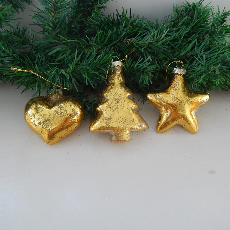 

Free Shipping 6pcs/pack Different Shape Gold Sheet Glass Pendant Christmas Hanging Decorative Handmade Gift Tree Star Heart