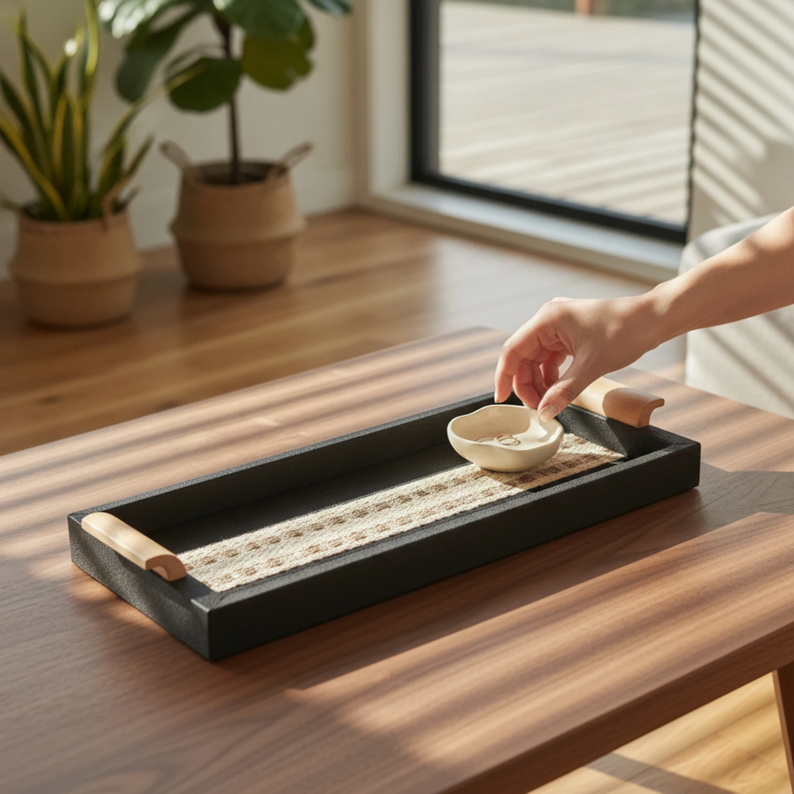 Decorative Tray with Wood Handles Portable Rectangular Tray with Handles Multifunctional Natural for Minimalists, Console Table