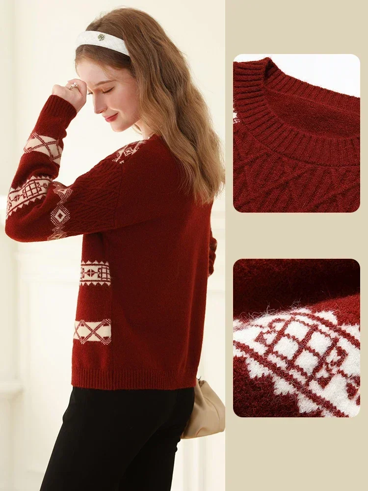 I BELIEVE YOU Christmas Red Sweaters Women Jacquard Lazy Wind Winter New Loose Colorblocking Warm Pullover Knitwears 2234125171