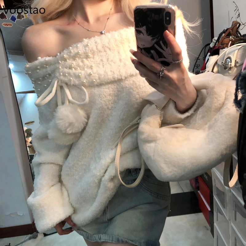 Harajuku Knitted Sweaters Autumn Winter Y2k Off Shoulder Long Sleeves Pearl Plush Ball Sweet Pullovers Women Casual Knitwear Top