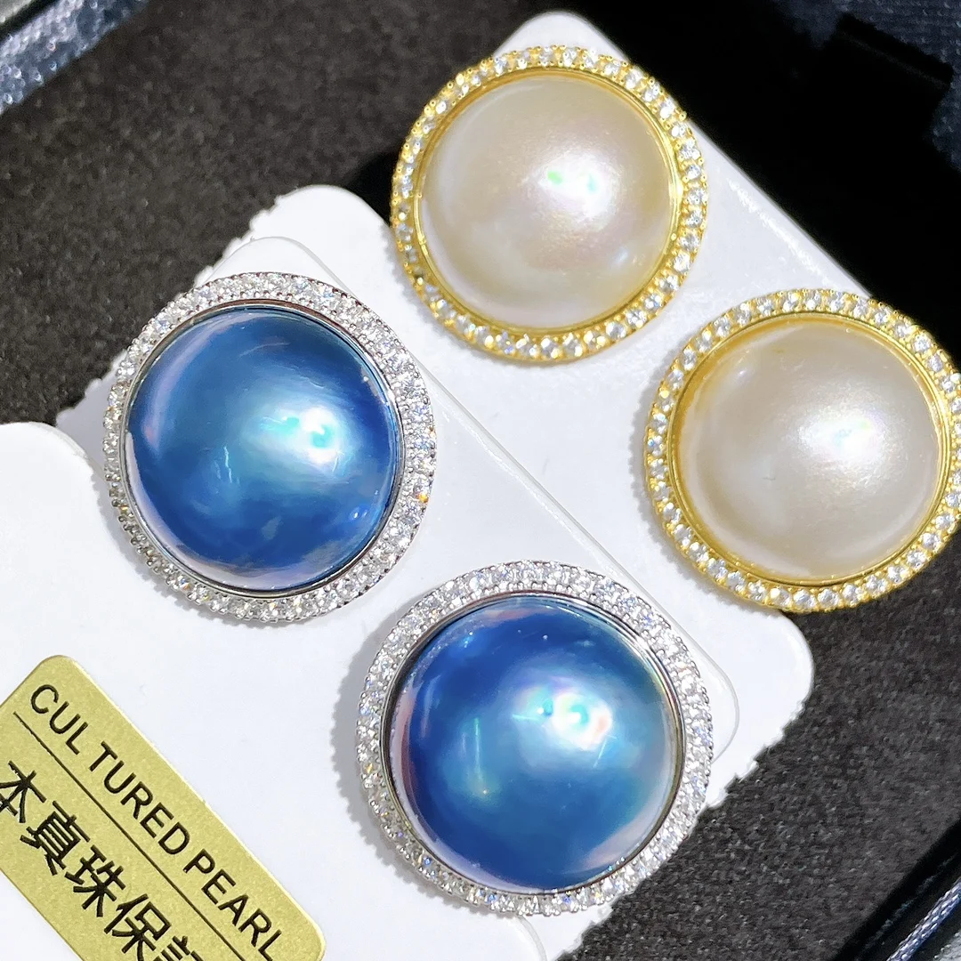 

Luxury Real Natural Blue White Sea Mabe Pearl Stud Earrings for Women 925 Silver 16-17mm Big Earrings Fine Jewelry Party Gift