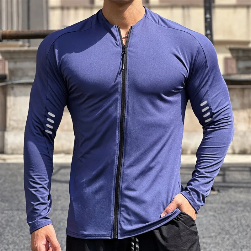 2024 Muscle Fitness Sleeve Men\'s Fashion Basketball Casual Training Clothes  Loose Half Sleeve Sports Zipper Long Sleeve T-shirt