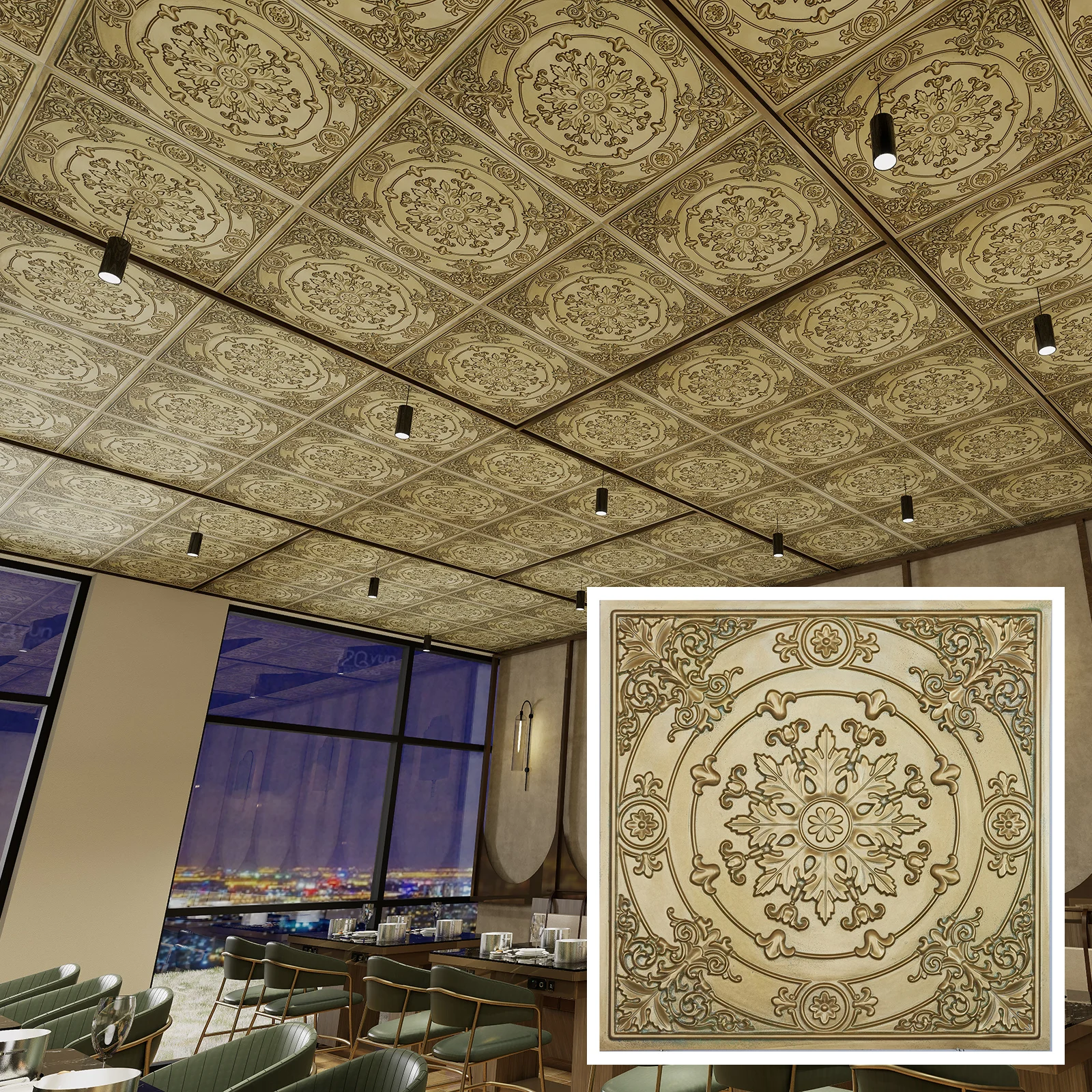 Chalk painted ceiling tiles, 3D embossed wall panels, for Cafe PL18 Brass verdigris 10pcs