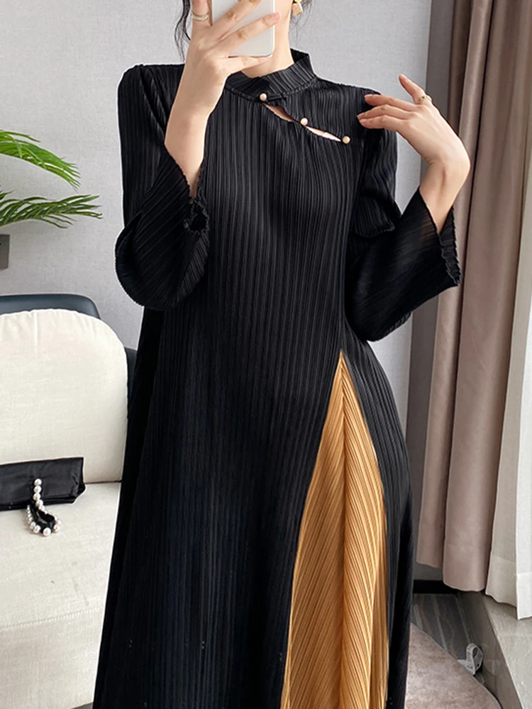 DEAT Pleated Dress Women A Line Patchwork Full Sleeve Stand Collar Medium Long Evening Party New Autumn 2024 Female 15KB5406