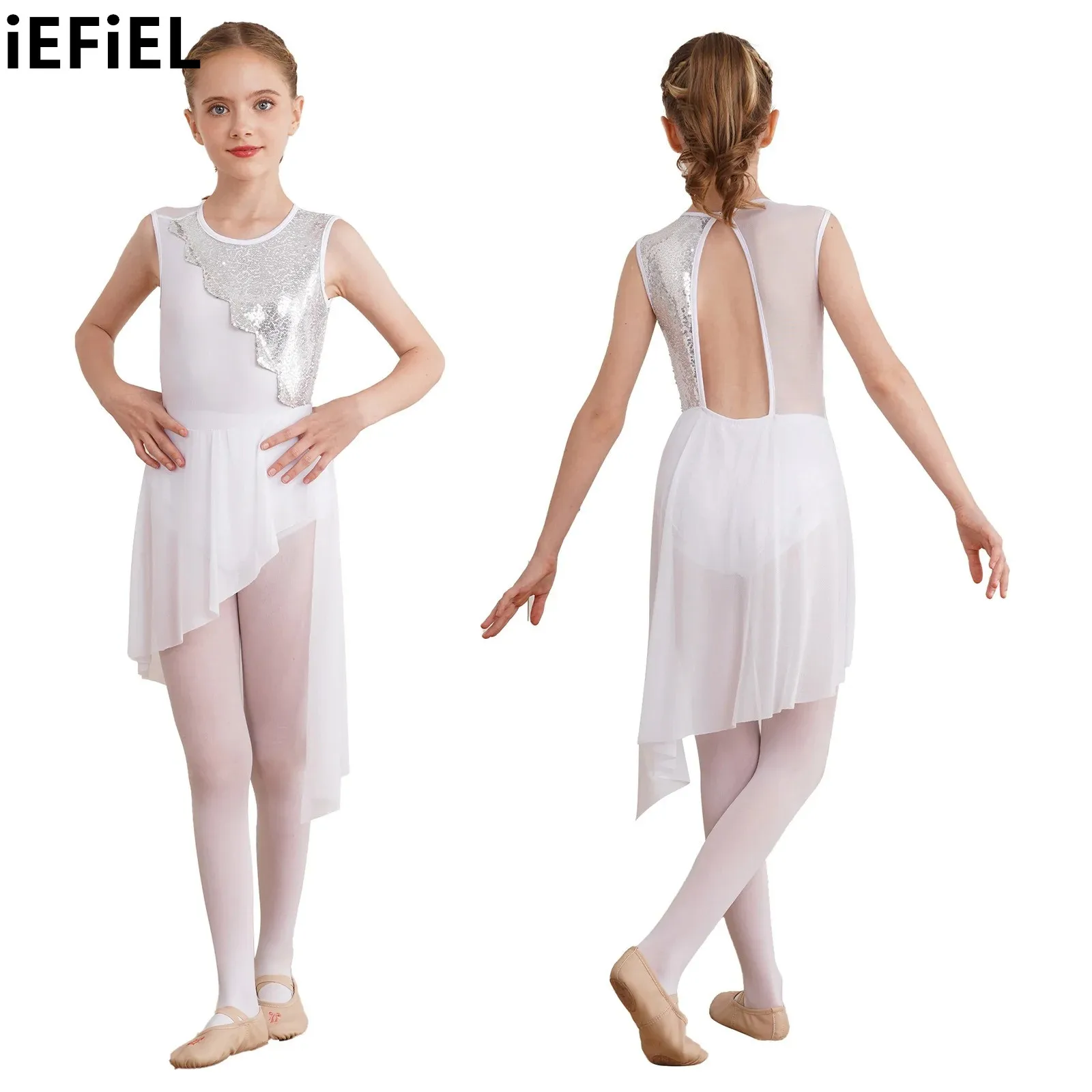 

Kids Girls Shiny Sequins Patchwork Dance Dress Sleeveless Round Neckline Irregular Hem Hollow Back Dancewear