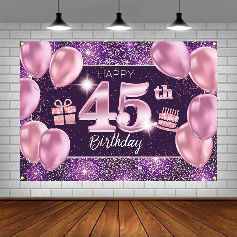 

45th Birthday Party Banner Photography Backdrop Balloon Decorations Supplies For Women - Pink Purple Gold Background Poster